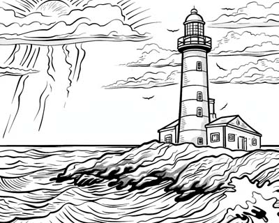 coloring page of a lighthouse and waves