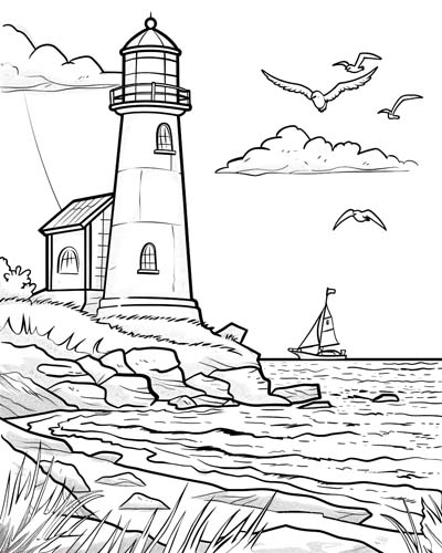 coloring page of a lighthouse on a rocky shore