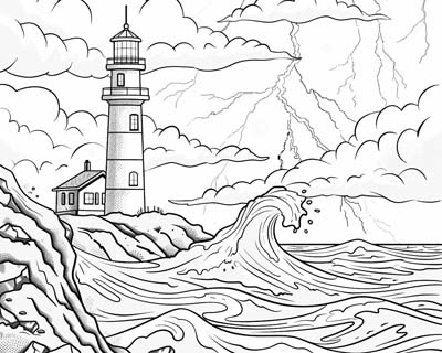 coloring page of a lighthouse in a storm