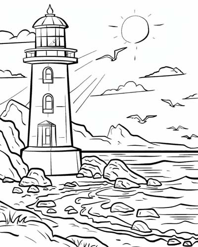 coloring page of the sun breaking over a lighthouse