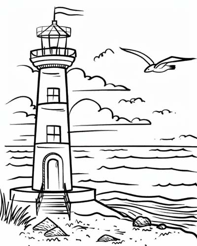 coloring page of a lighthouse on the beach