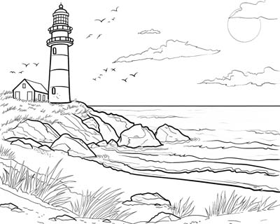 coloring page of a lighthouse on the beach