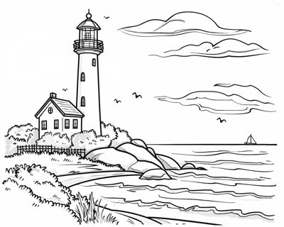 coloring page of a lighthouse with a cottage