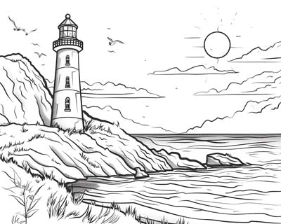 coloring page of a lighthouse on the beach