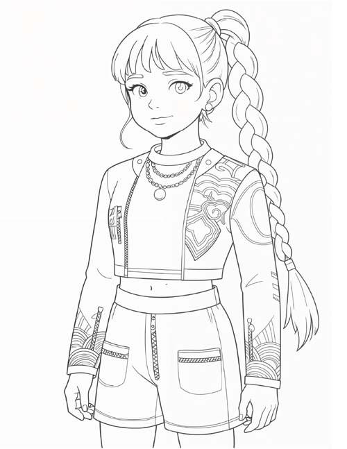 k-pop demon hunters coloring page of a child dressed up like Rumi