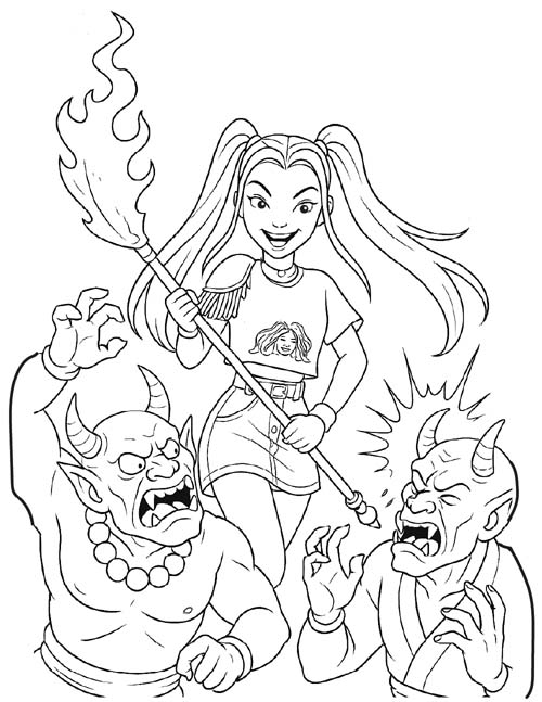 k-pop demon hunters coloring page of Rumi battling a demon