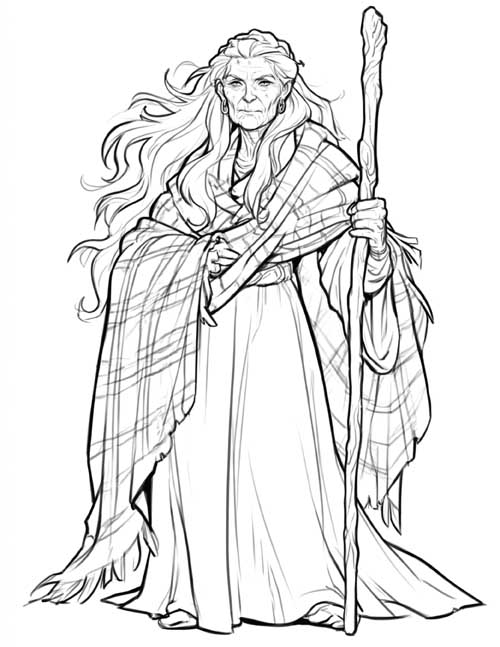 Coloring page of the Cailleach with a staff and tartan shall, full length