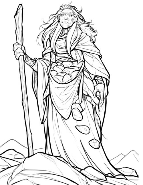 Coloring page of the Cailleach dropping a stone from her apron