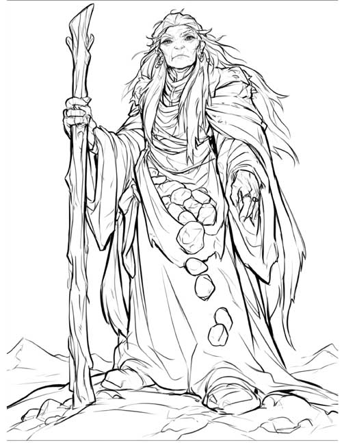 Coloring page of the Cailleach carrying stones
