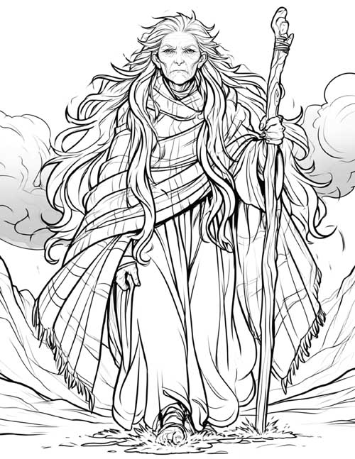Coloring page of the Cailleach striding past a brewing winter storm