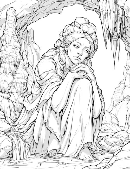 Coloring page of the Cailleach turning to stone in a cave