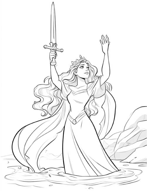 coloring page of Nyneve, the Lady of the Lake, rising from the water with Excalibur, cartoon style