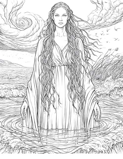 realistic ink sketch coloring page of Nimue, the Lady of the Lake, standing in the water as a storm swirls overhead