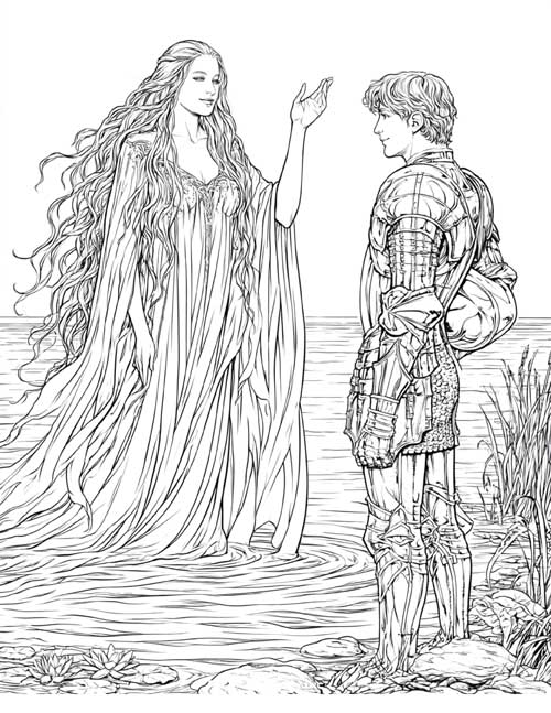 realistic ink sketch coloring page of Viviane waving goodbye to Lancelot, now a knight in armour, at the edge of the lake