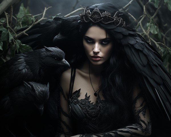 artwork of the Celtic goddess Morrigan with her ravens