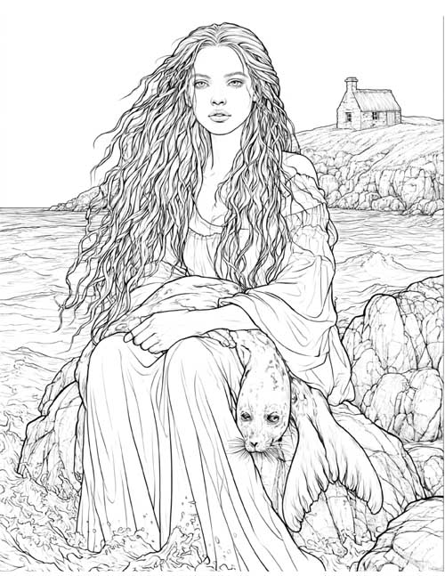 Detailed coloring page of a beautiful selkie holding her sealskin