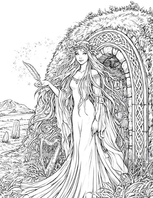 Detailed coloring page of the Lianhan Shee at the door of a fairy mound