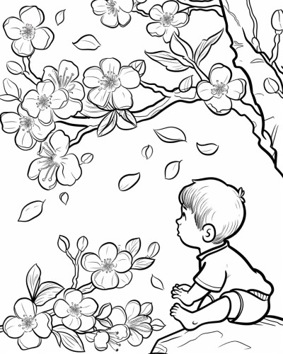 young boy looking at plum blossoms coloring page
