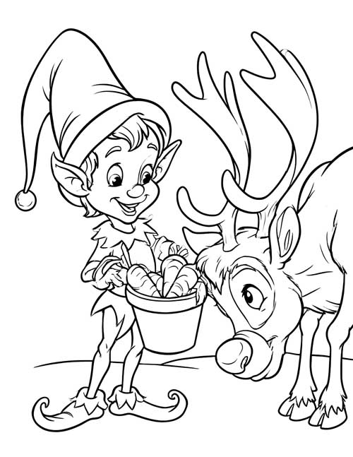Coloring page of a cartoon elf holding a bucket of carrots for a reindeer with big antlers