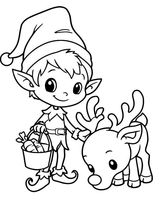 preschool coloring page of a cute elf carrying a bucket of carrots next to a reindeer