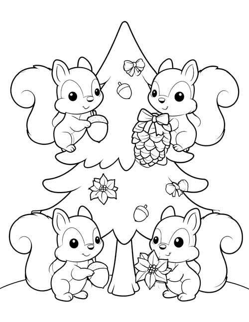 Cute coloring page of four squirrels decorating a Christmas tree with acorns, bows, a pine cone and poinsettias