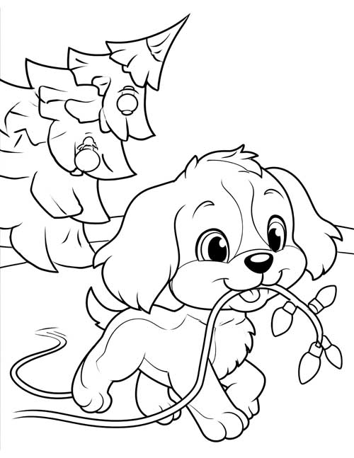 Cute coloring page of a puppy running off with a string of Christmas lights in its mouth, with the tree behind it
