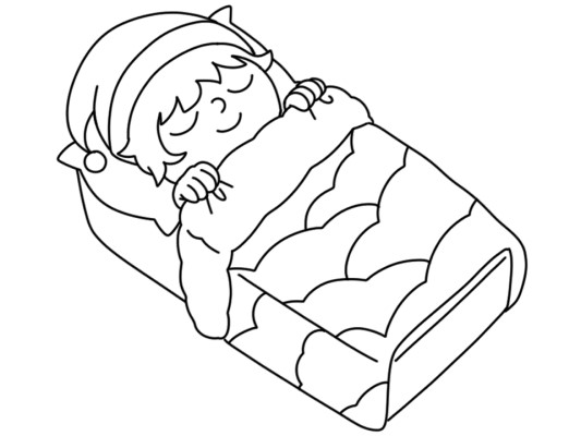 simple coloring page of a child wearing a winter hat or an elf sleeping in bed