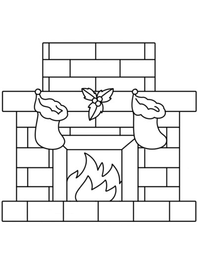 Simple coloring page of a fireplace with the fire roaring and two hanging Christmas stockings.