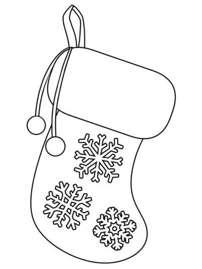 Simple coloring page of a stocking with snowflakes decorating it.