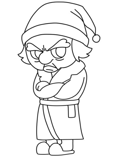 Simple coloring page of Scrooge in his pajamas, looking grumpy.