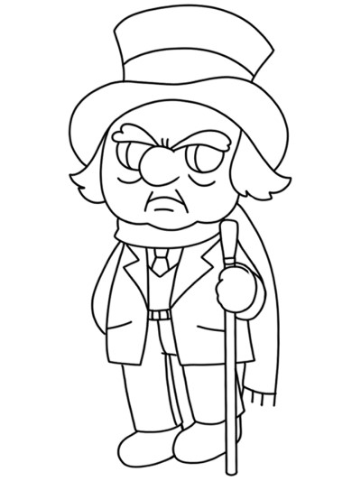 Simple coloring page of Scrooge dressed in a top hat looking grumpy.
