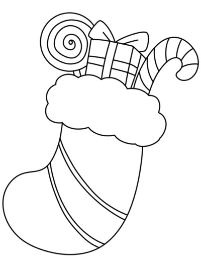 Simple coloring page of a stocking stuffed with gifts and candy.