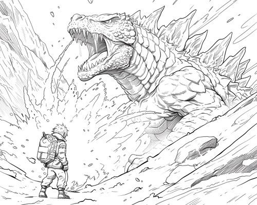 coloring page of Godzilla emerging from the icy water in front of a young boy