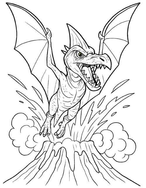 realistic coloring page of Rodan coming out of a volcano