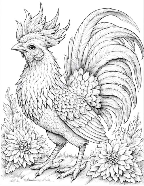 detailed, grayscale coloring page of the Sarimanok, a colorful rooster