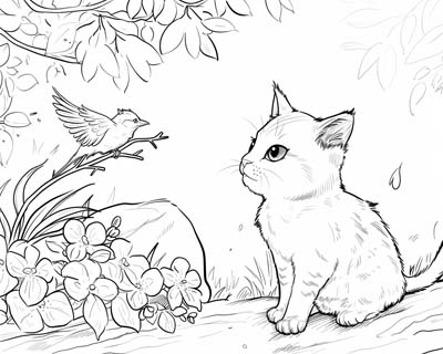 cat and bird coloring page