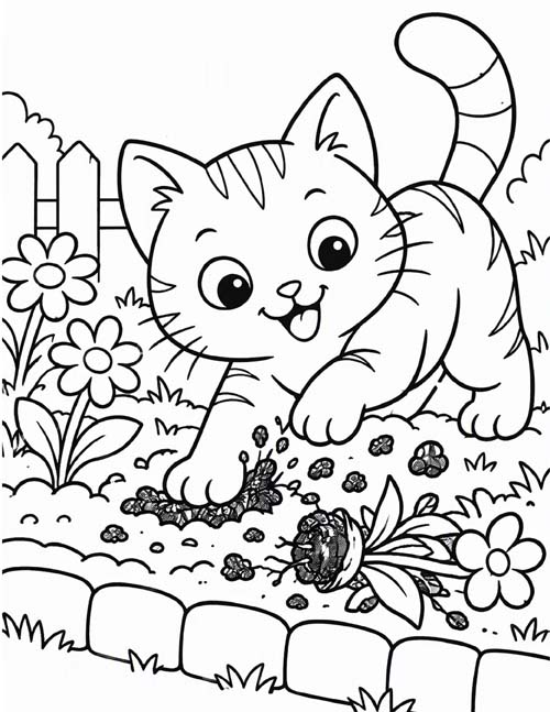 simple coloring page of a cute cat messing up the flower garden