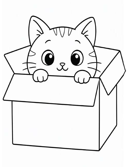 simple coloring page of a cute cat peeking from a box