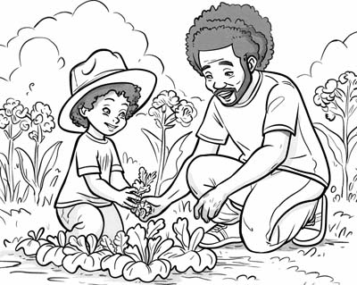 dad teaching gardening coloring page