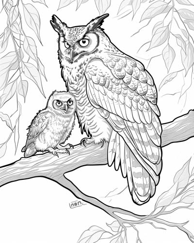 great horned owl dad coloring page
