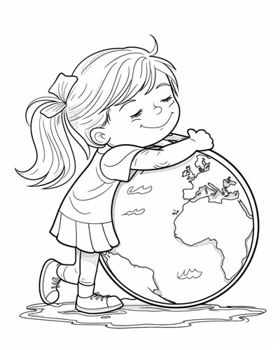 girl hugging the earth coloring page