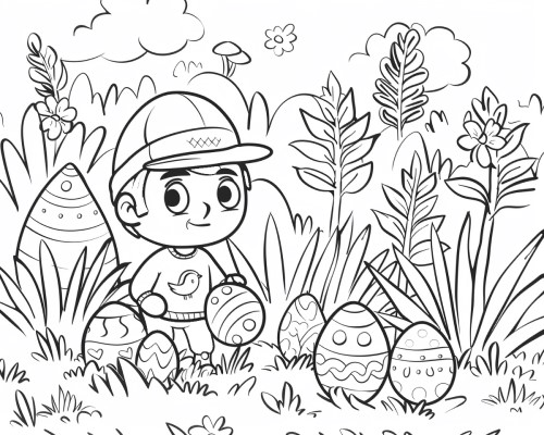 coloring page of an Easter boy searching for eggs