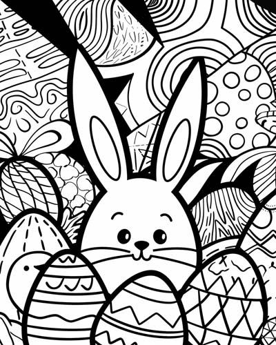 coloring page of the Easter bunny and eggs with bold lines