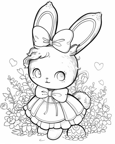 coloring page of a cute, girl Easter bunny