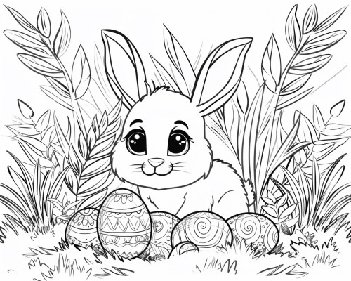 coloring page of the Easter bunny with a patch of Easter eggs