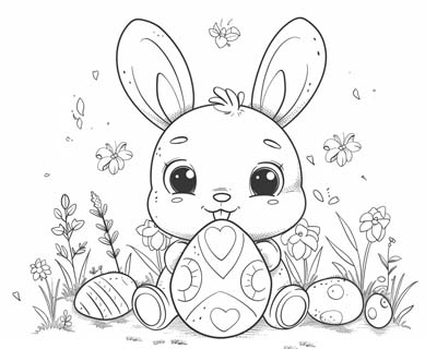 coloring page of a cute Easter bunny and a big egg