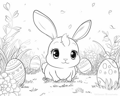 coloring page of the Easter bunny in a field of eggs