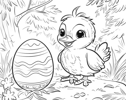 coloring page of an Easter duckling and an Easter egg