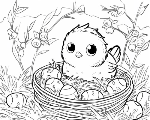 coloring page of an Easter bird and her nest of Easter egg