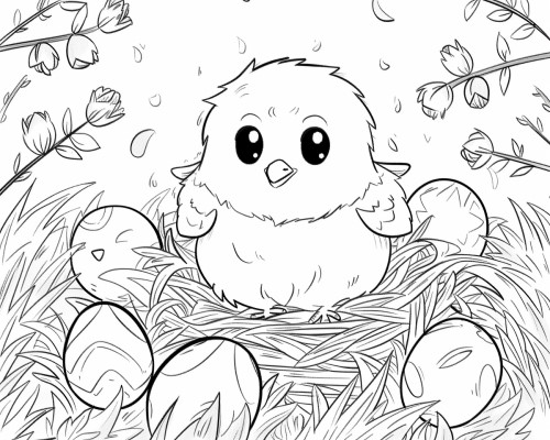 coloring page of an Easter chick and an Easter eggs